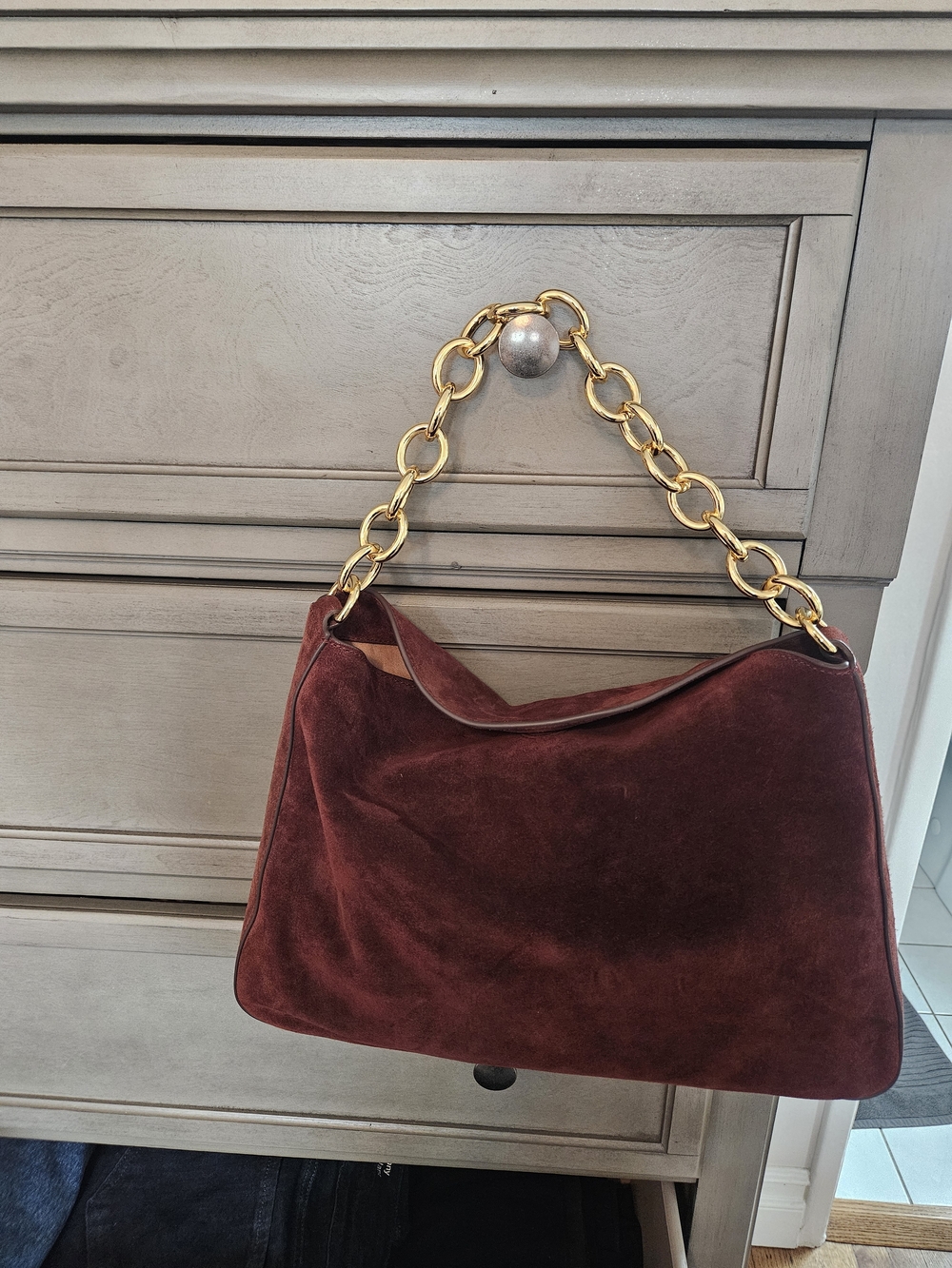 J CREW Suede Hobo Shoulder Bag with Gold Chain Handle - Gorgeous Walnut Brown.